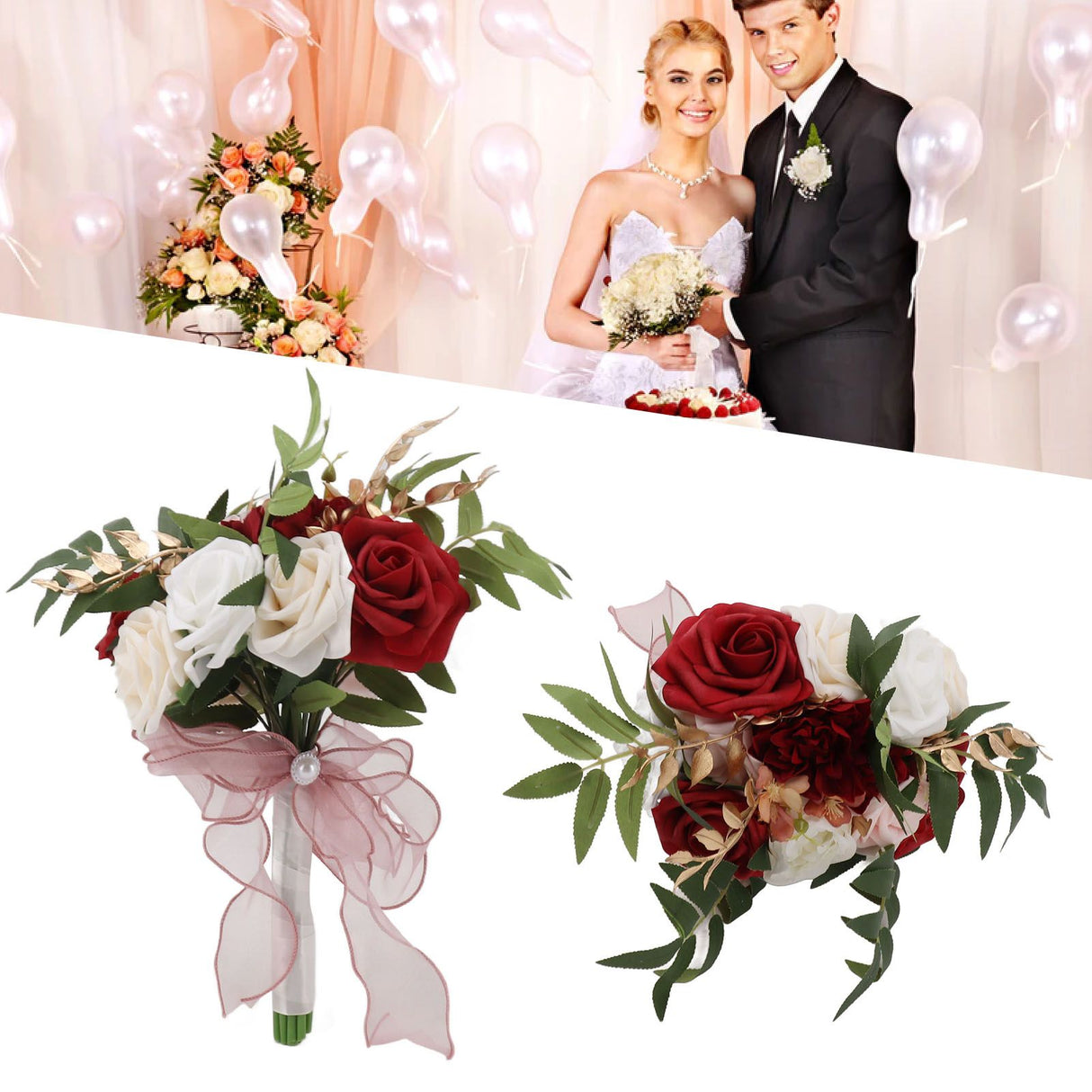 Wedding Bouquets Silk Plastic Realistic Romantic Hand Bouquet for Valentine's Day Party Church Burgundy And White