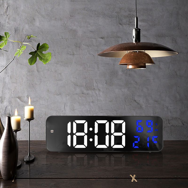 Mirror Large Digital LED Clock Home Electronic Alarm Clock Large Screen Plug in Clock Wall Mounted White and Blue