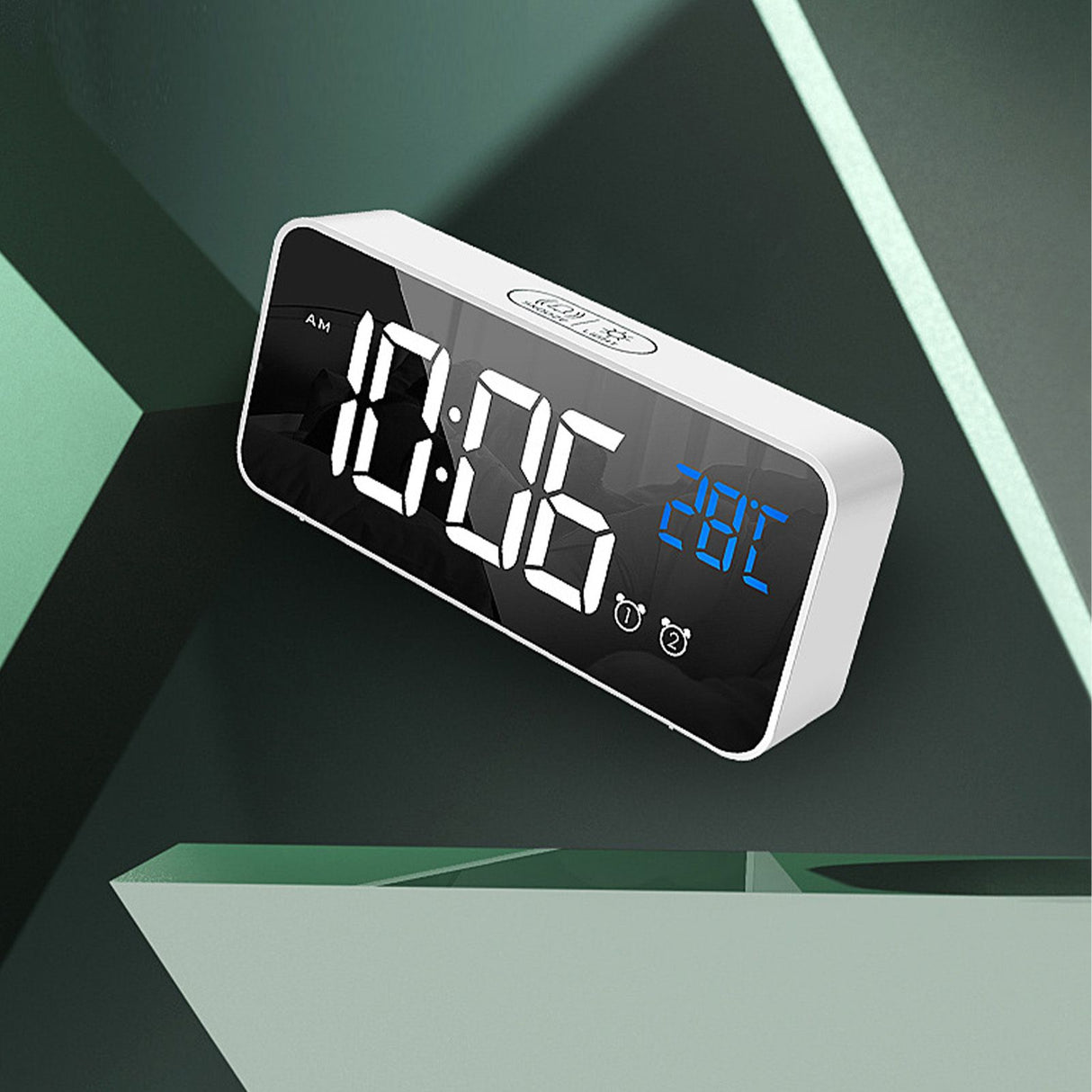 LED Alarm Electric Clock Multifunctional Exquisite Mirrored Surface Silent Bedside Clock for Home Bedroom Office Decor White