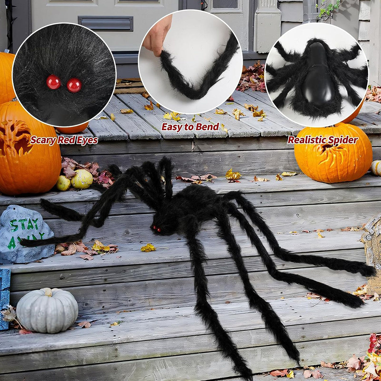 Giant Fake Spider Lifelike Halloween Posable Black Soft Hairy Fake Spiders Scary Decorations for Yard Home 90cm