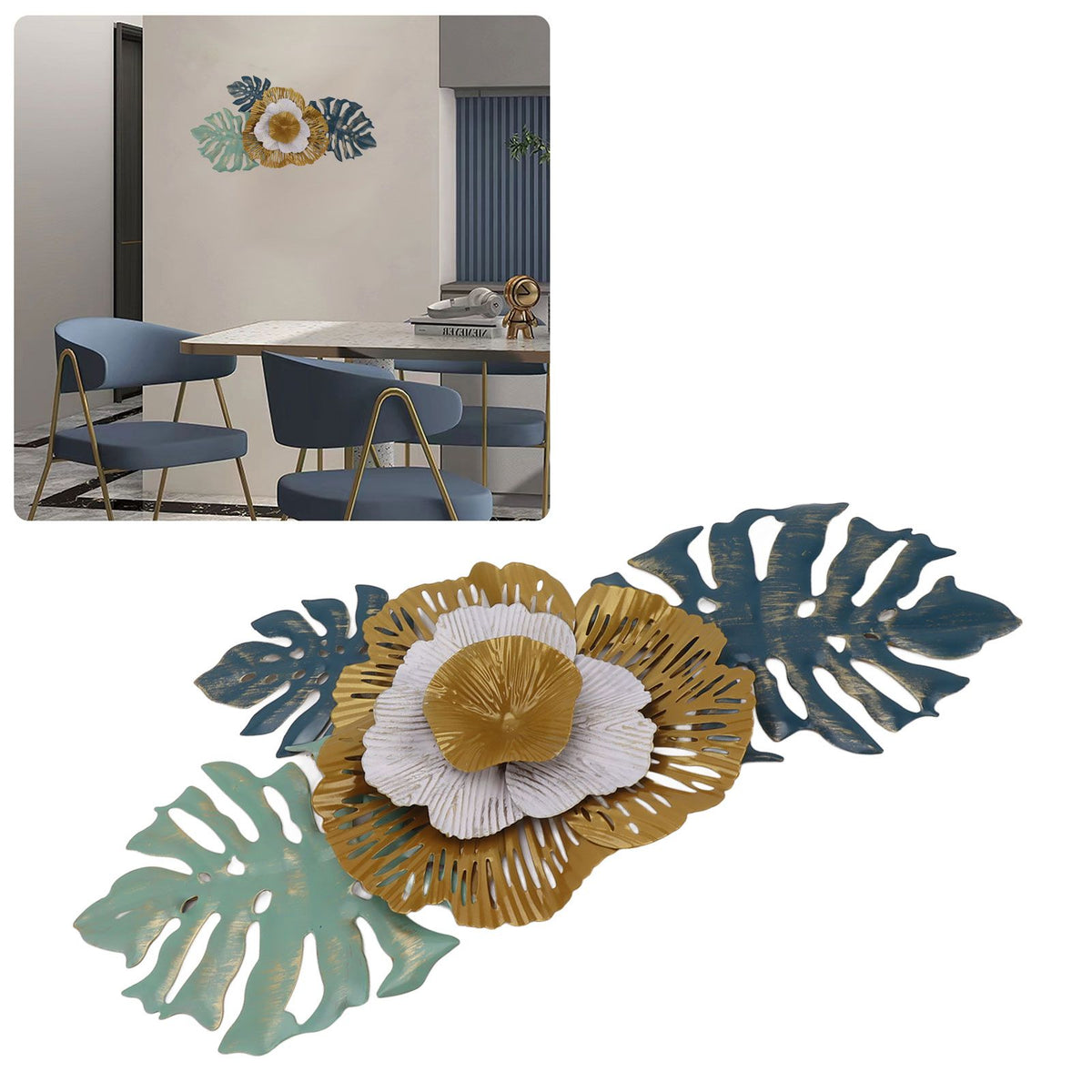 Iron Flower Wall Hanging Blue Modern Beautiful Metal Floral Wall Art Decor for Living Room Bedroom Dining Room