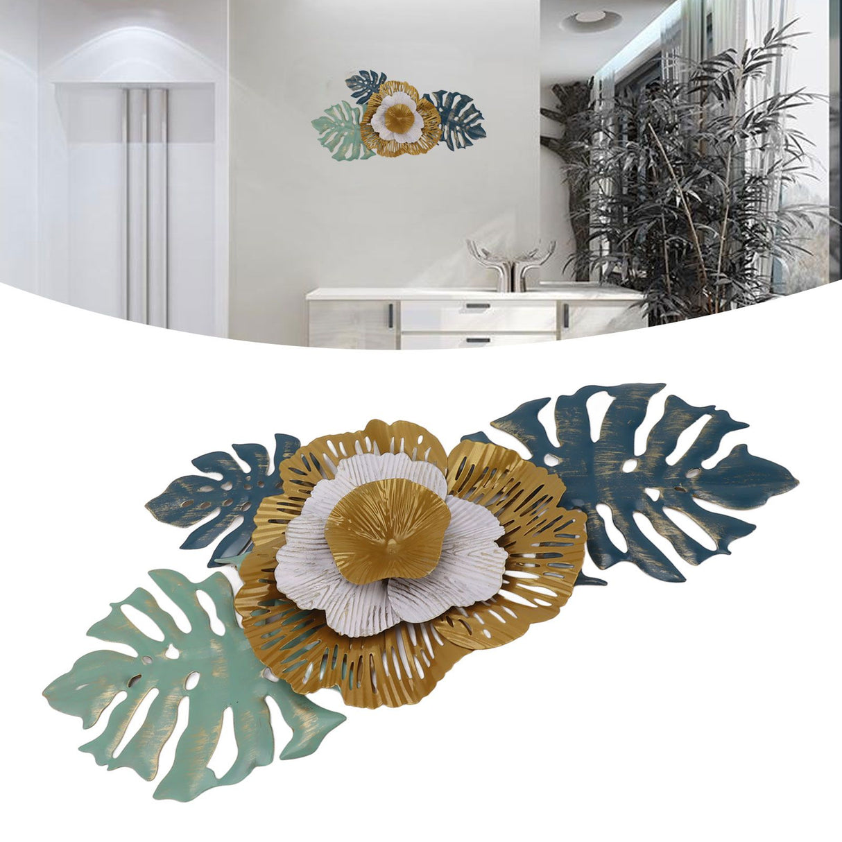 Iron Flower Wall Hanging Blue Modern Beautiful Metal Floral Wall Art Decor for Living Room Bedroom Dining Room