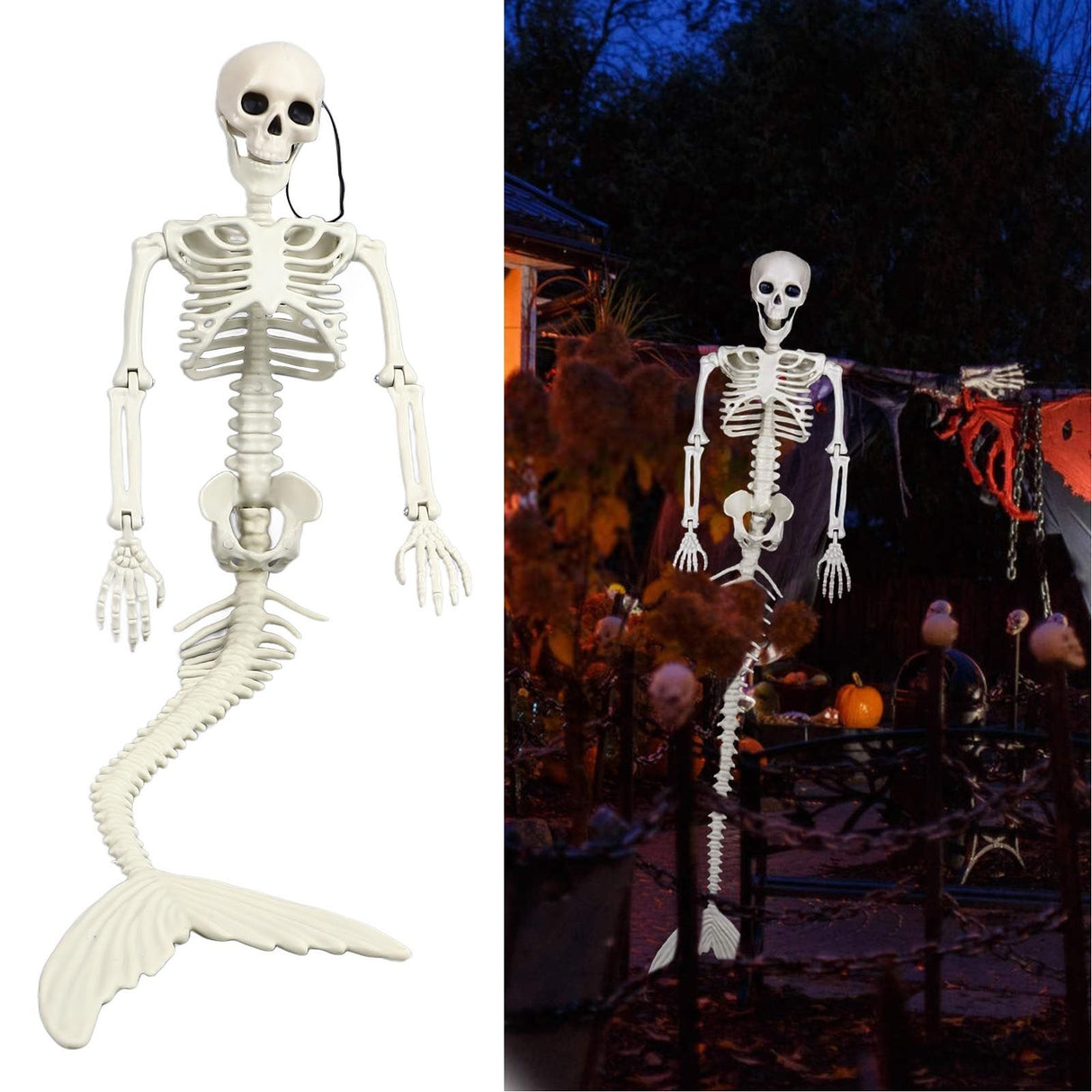 Life Size Skeleton Mermaid Halloween Outdoor Decorations Movable Posable Joints Realistic Full Body Skeleton Mermaid Props