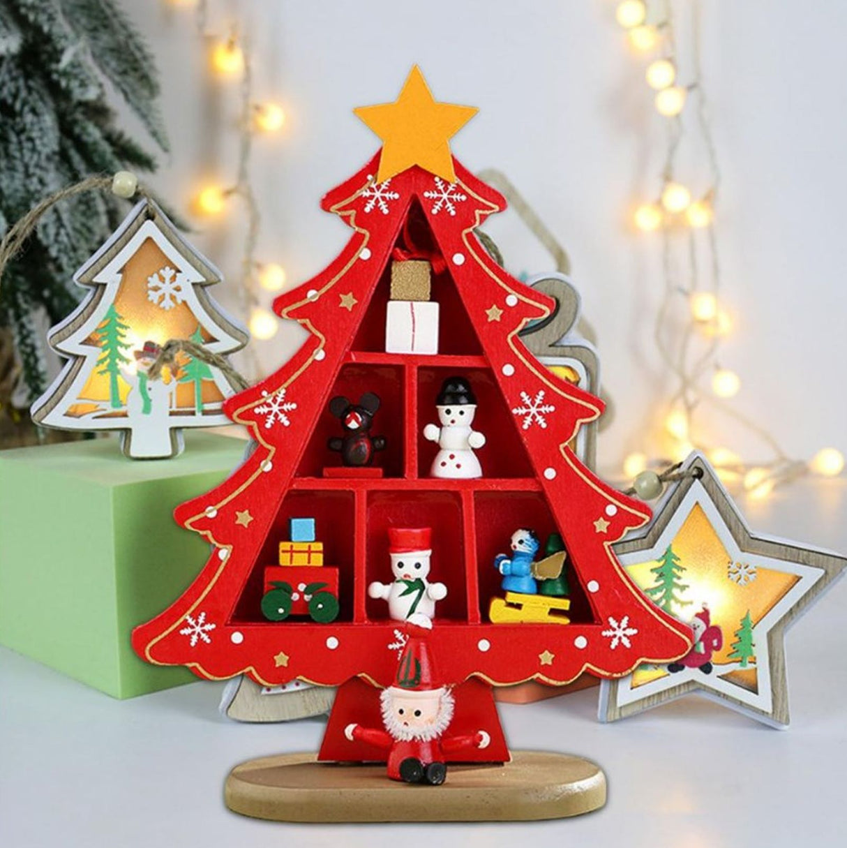 Tabletop Wooden Christmas Tree Exquisite Mini Conveniently Placed Desktop Christmas Tree Decor for Shopping Mall Hotel Christmas Decoration Red