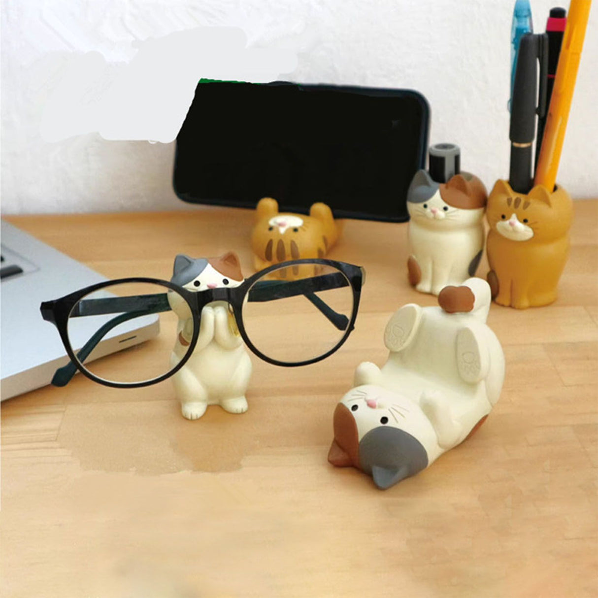 Cat Ornament Multifunctional Phone Tablet Glasses Pen Holder Desk Decoration for Home Ocelot