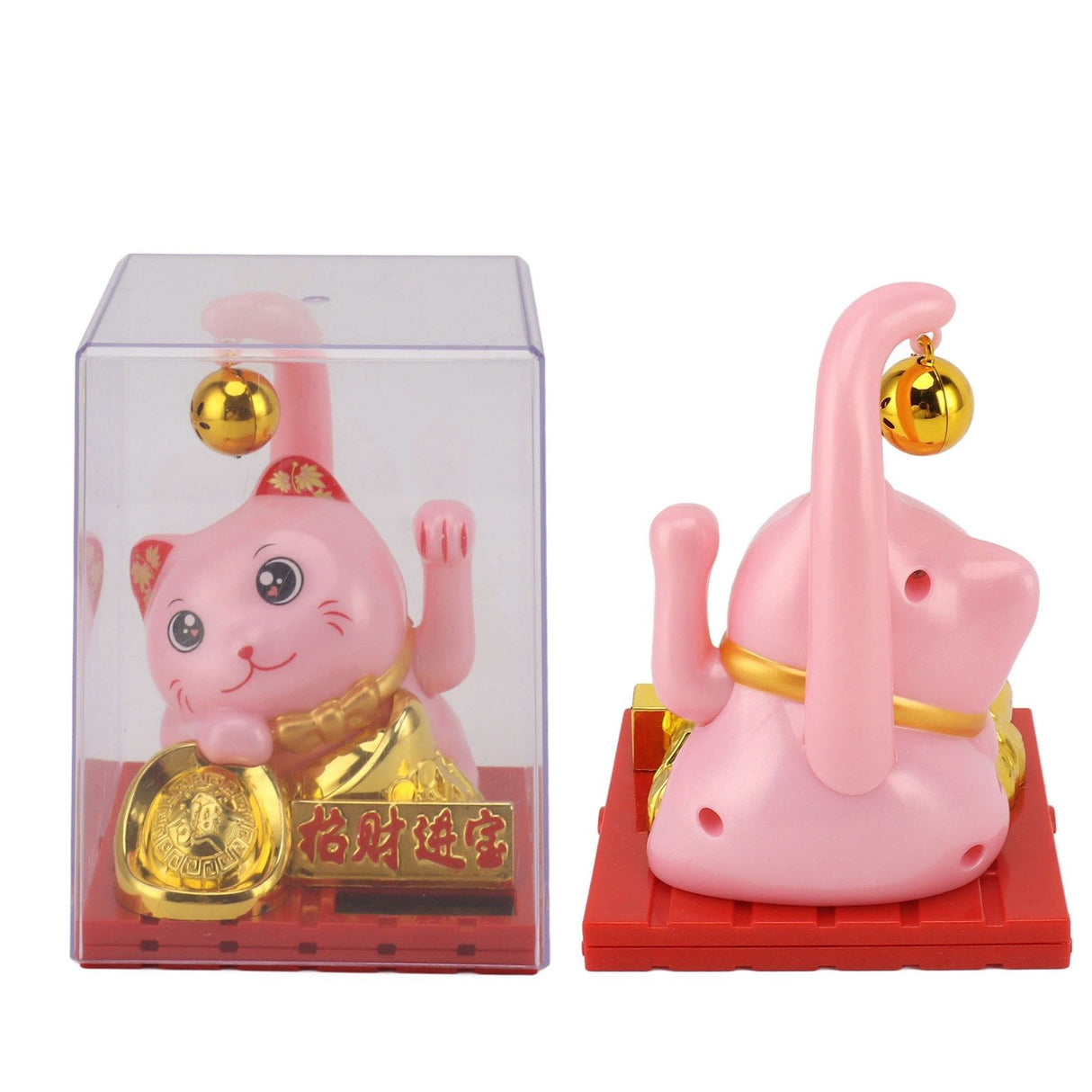 Arm Waving Fortune Cat Solar Powered Light Induction Lucky Cat Decoration for Desks Windows Car Dashboards Pink Large