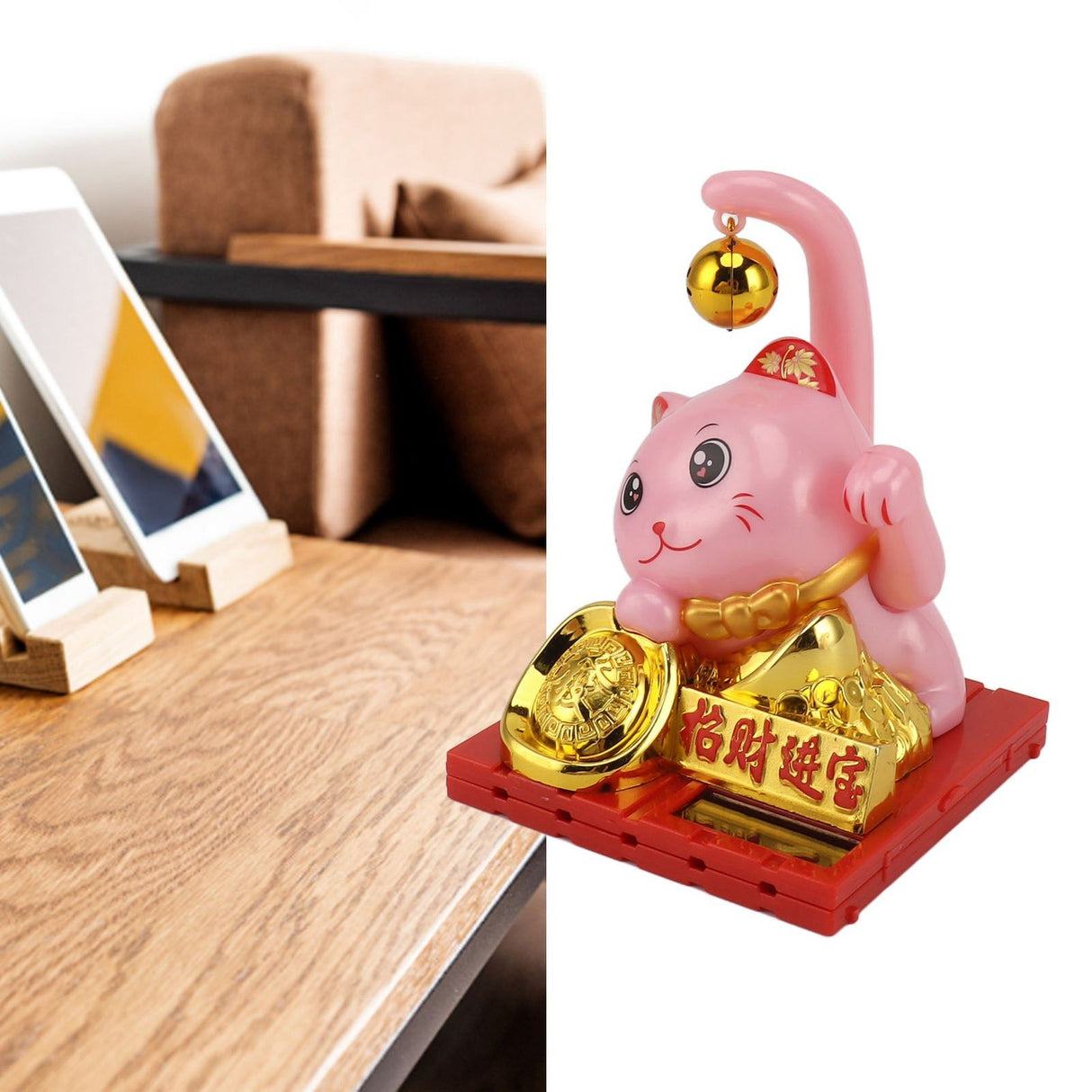 Arm Waving Fortune Cat Solar Powered Light Induction Lucky Cat Decoration for Desks Windows Car Dashboards Pink Large