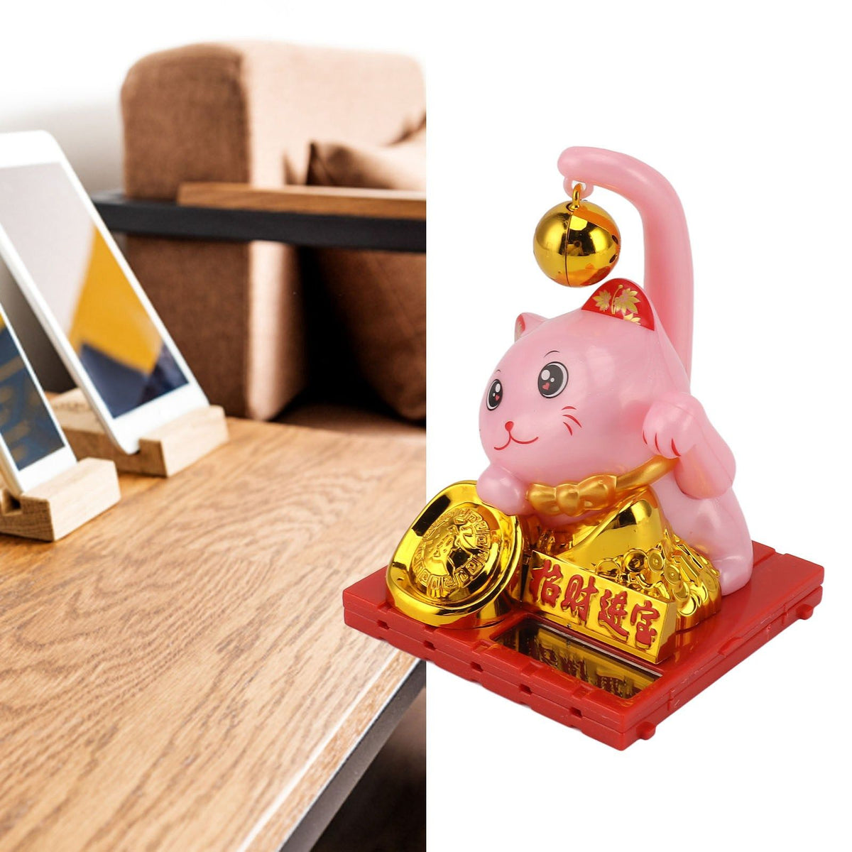 Arm Waving Fortune Cat Solar Powered Light Induction Lucky Cat Decoration for Desks Windows Car Dashboards Pink Small
