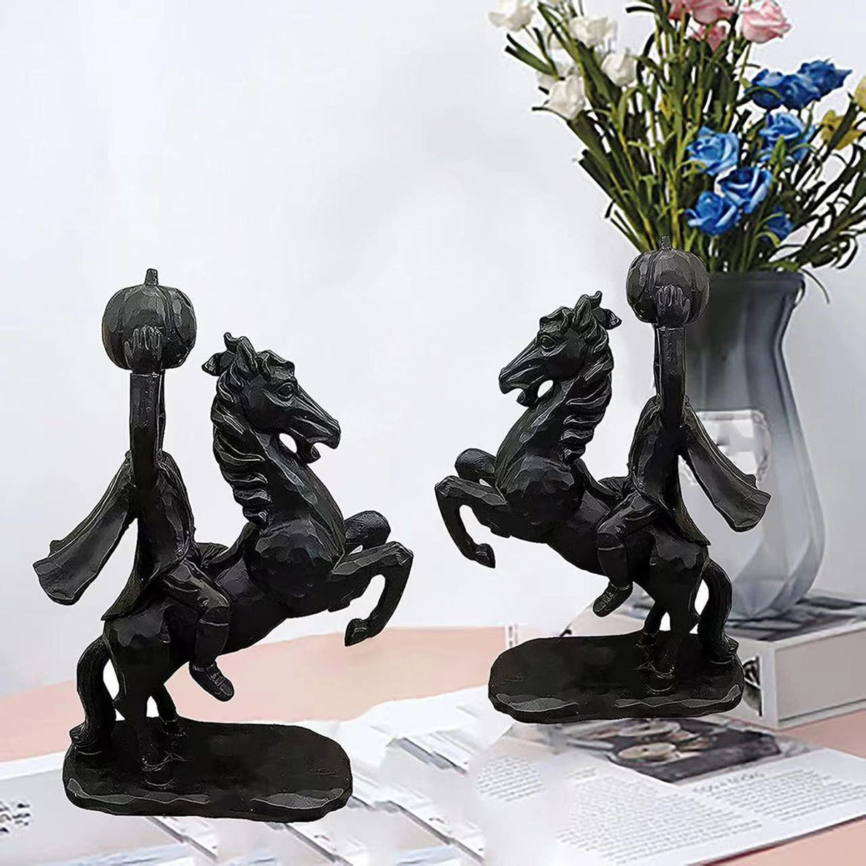 22cm Height Headless Horseman Statue with Pumpkin Horror Headless Horseman Halloween Decor Sculpture Handmade Resin All Black