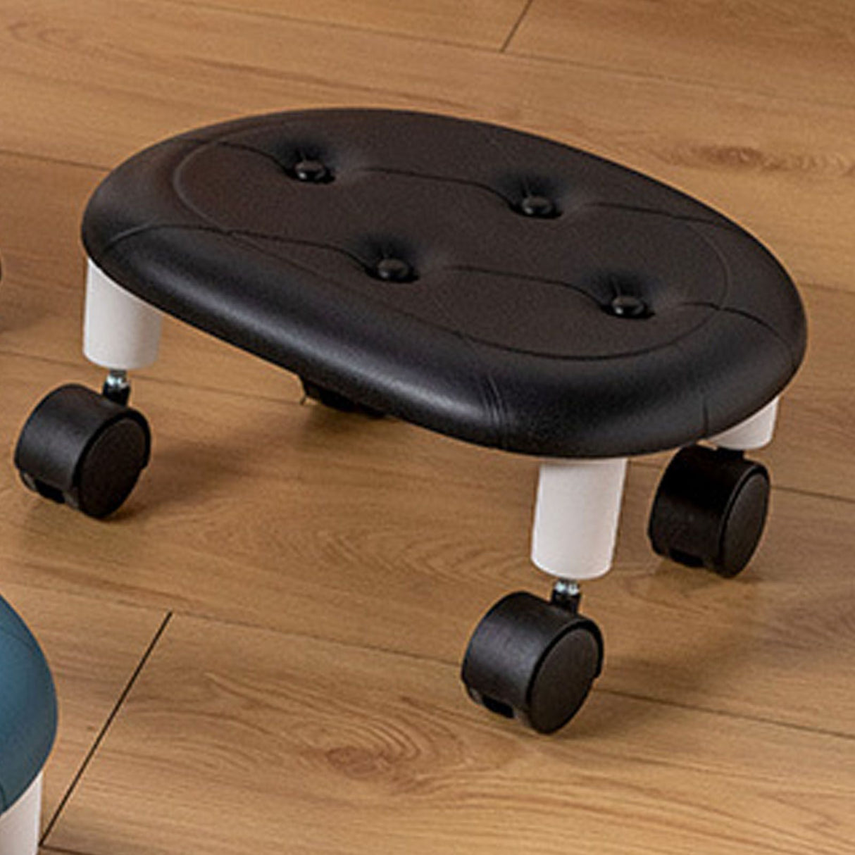 Round Low Rolling Stools Fuax Leather Universal Wheel Small Roller Swivel Stool High Weight Capacity for Home Black