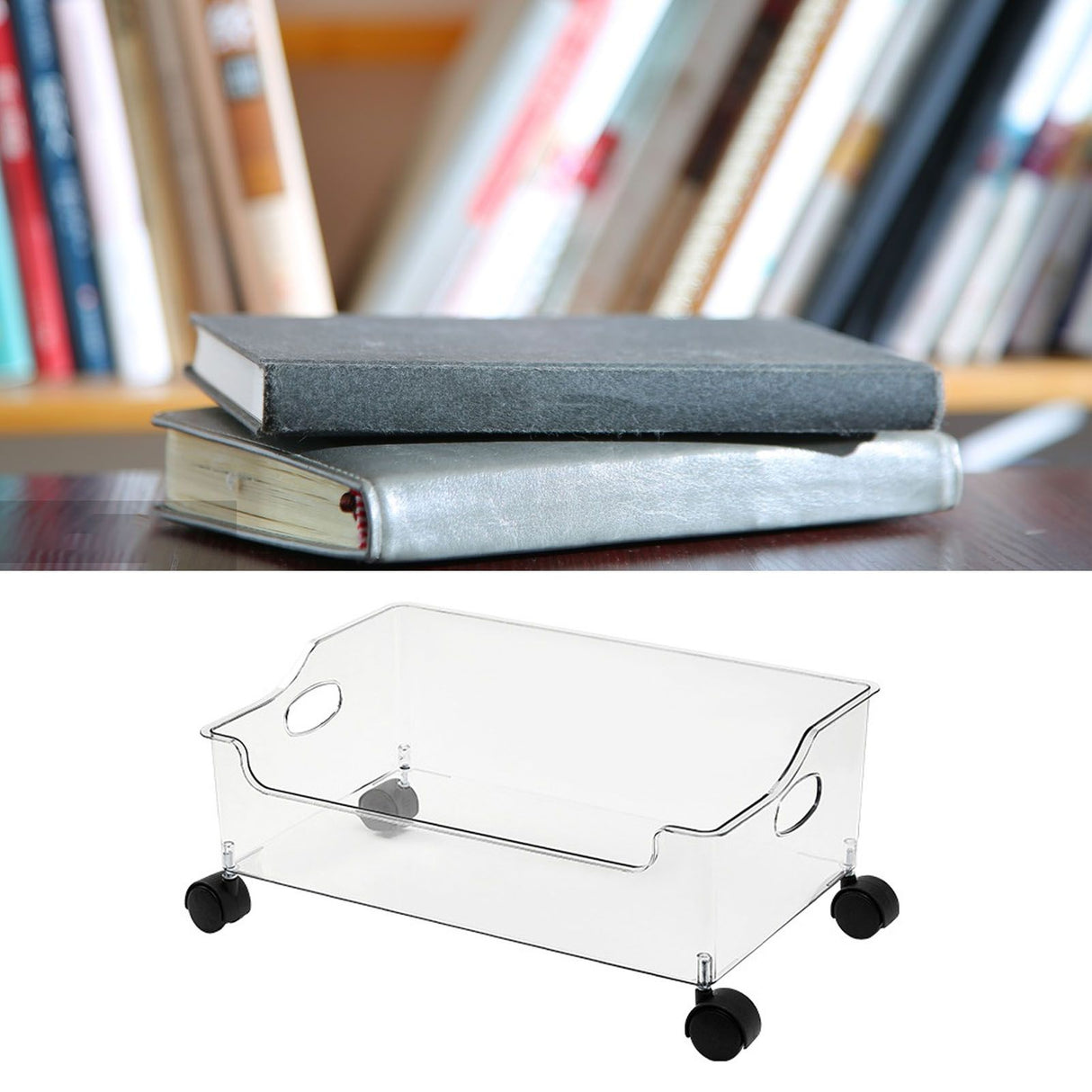 Wheeled Storage Containers Plastic Transparent Under Desk Book Storage Box with Roller for School Dorm Office Bedroom