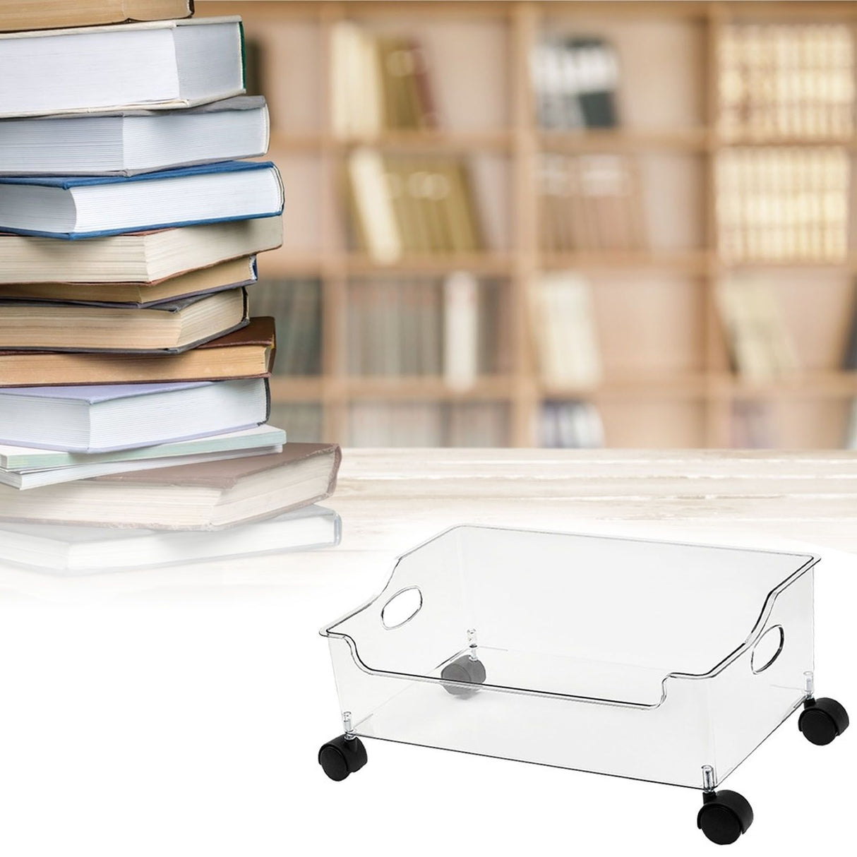 Wheeled Storage Containers Plastic Transparent Under Desk Book Storage Box with Roller for School Dorm Office Bedroom