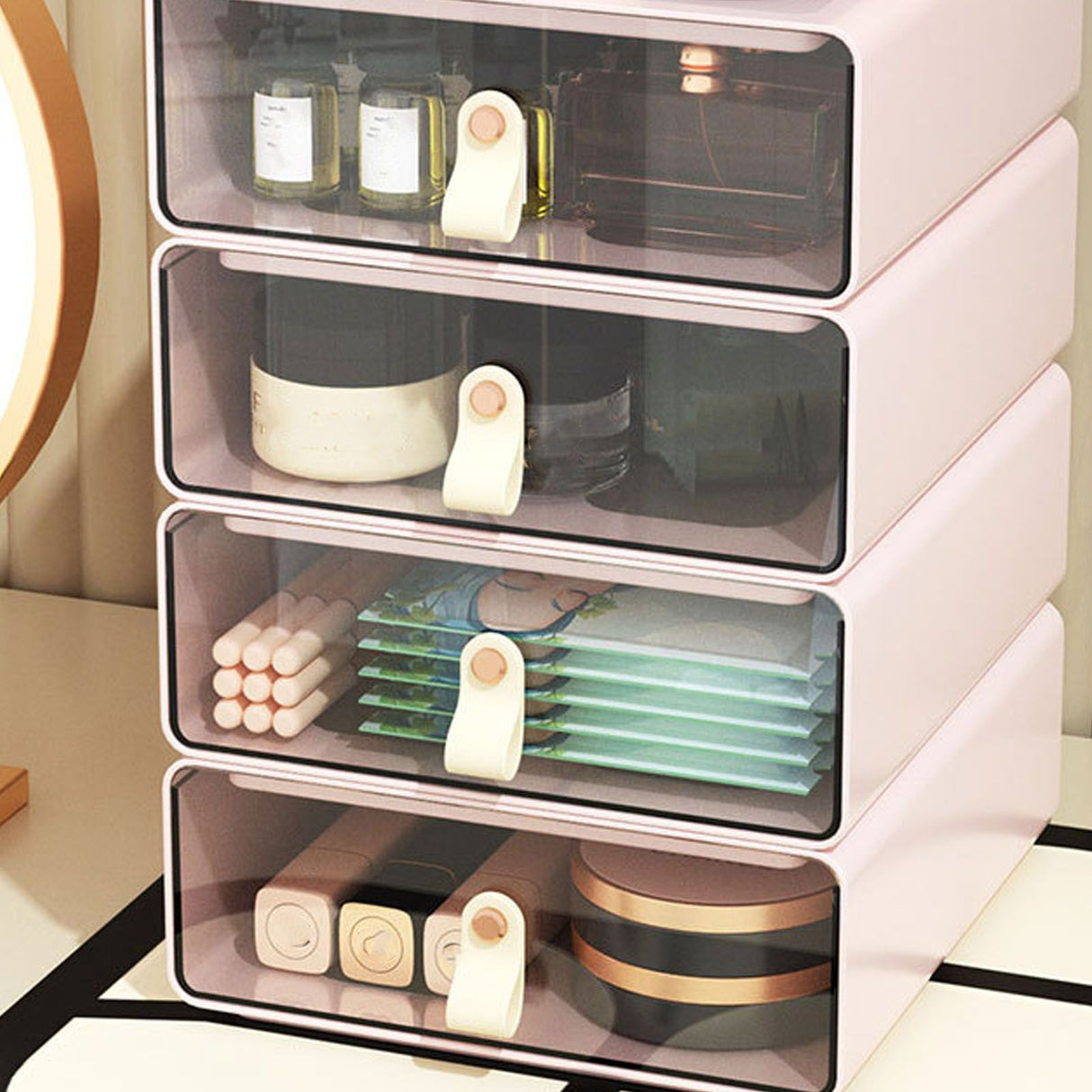 Clear Drawer Storage Box Large Capacity Desktop Drawer Storage Container Organizer for Office Pink