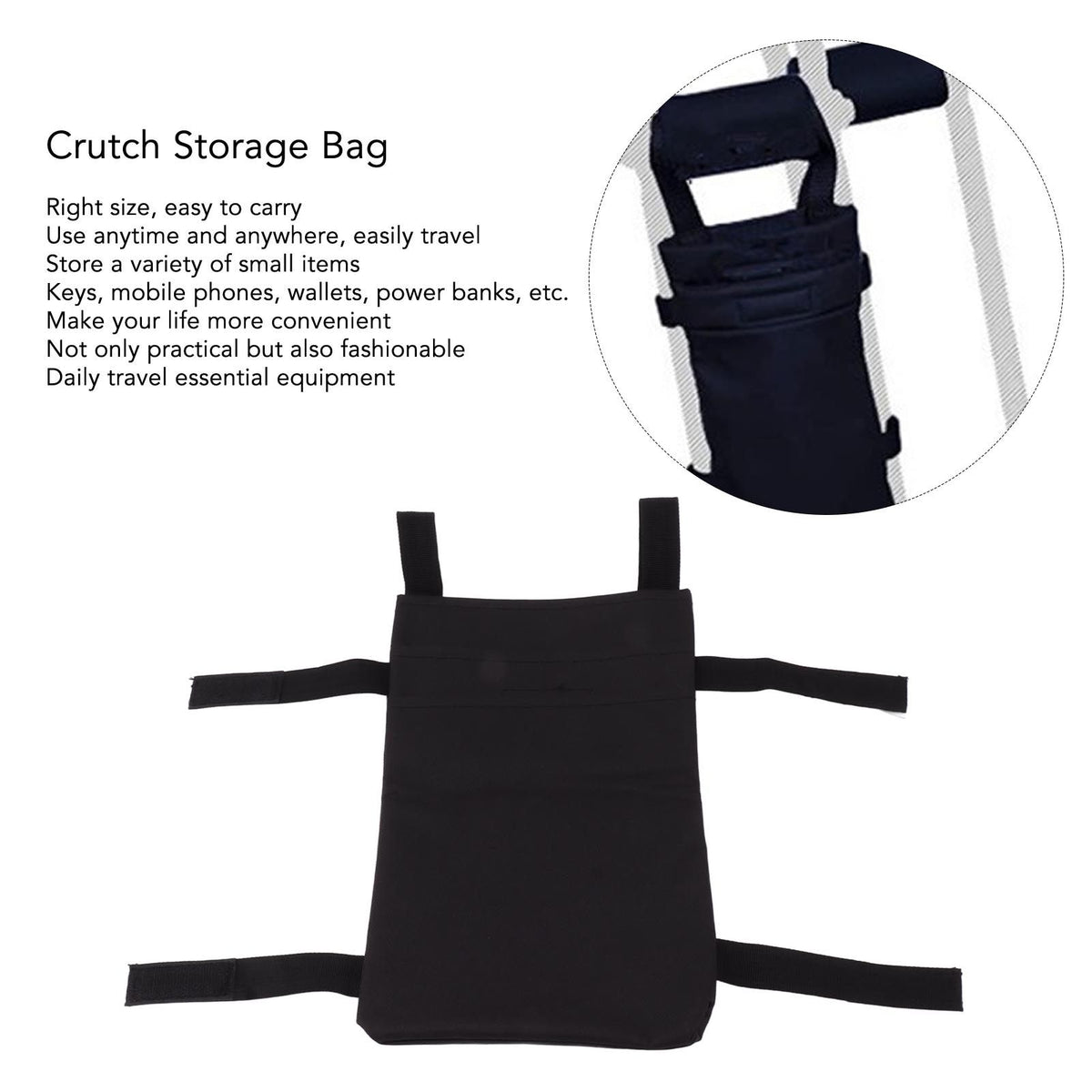 Crutch Storage Bag Hanging Carrying Pocket Pouch Portable Travel Organizer Lightweight for Walking Stick Black