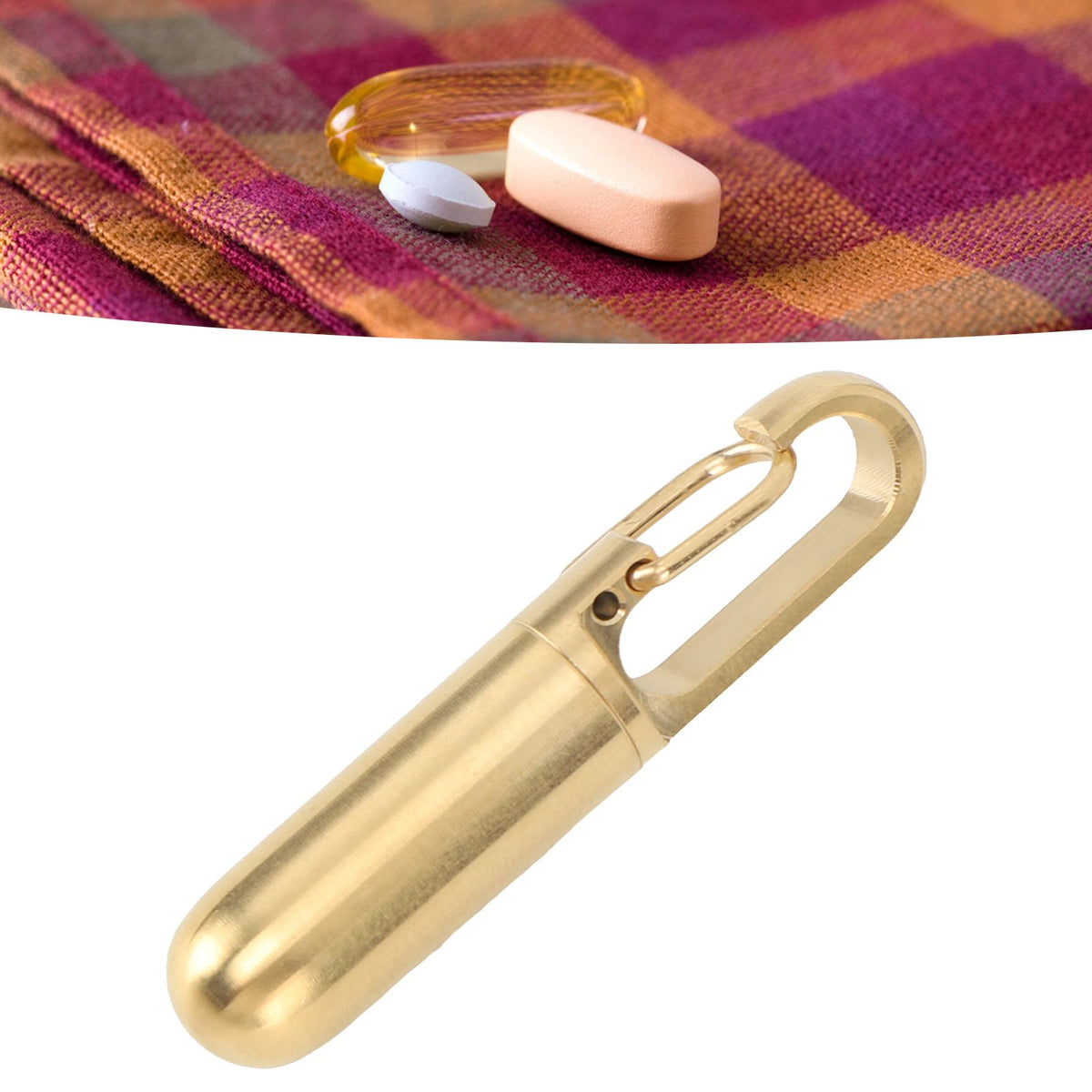 Keychain Medication Box Single Chamber Stainless Steel Keychain Medicine Organizer for Outdoor Travel Camping Gold