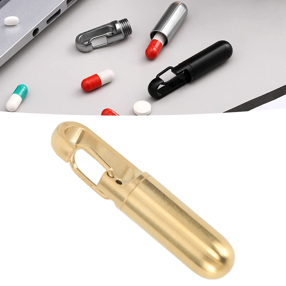Keychain Medication Box Single Chamber Stainless Steel Keychain Medicine Organizer for Outdoor Travel Camping Gold