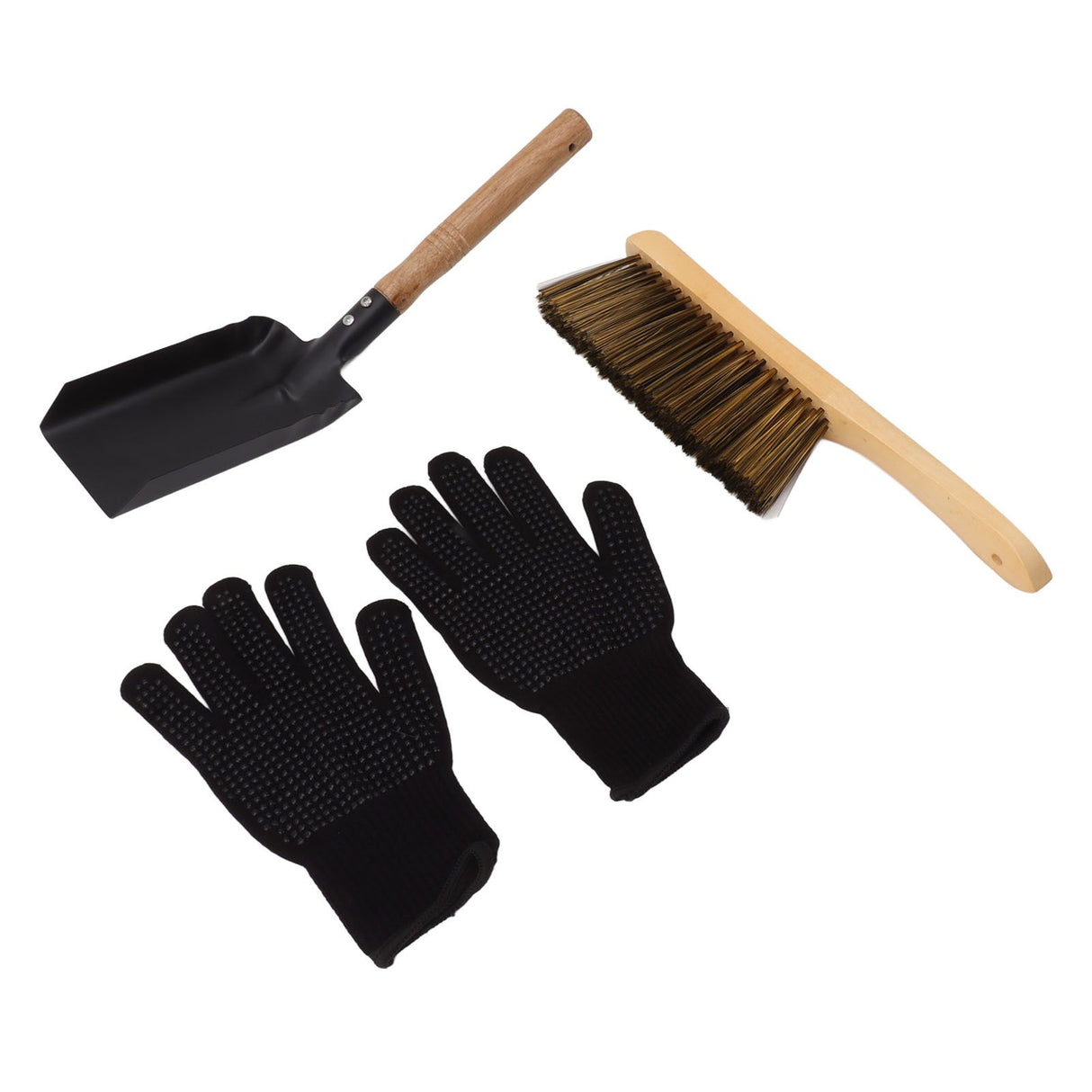 Fireplace Ash Shovel Brush Set Coal Hearth Clean Tools for Home with Black Silicone Gloves