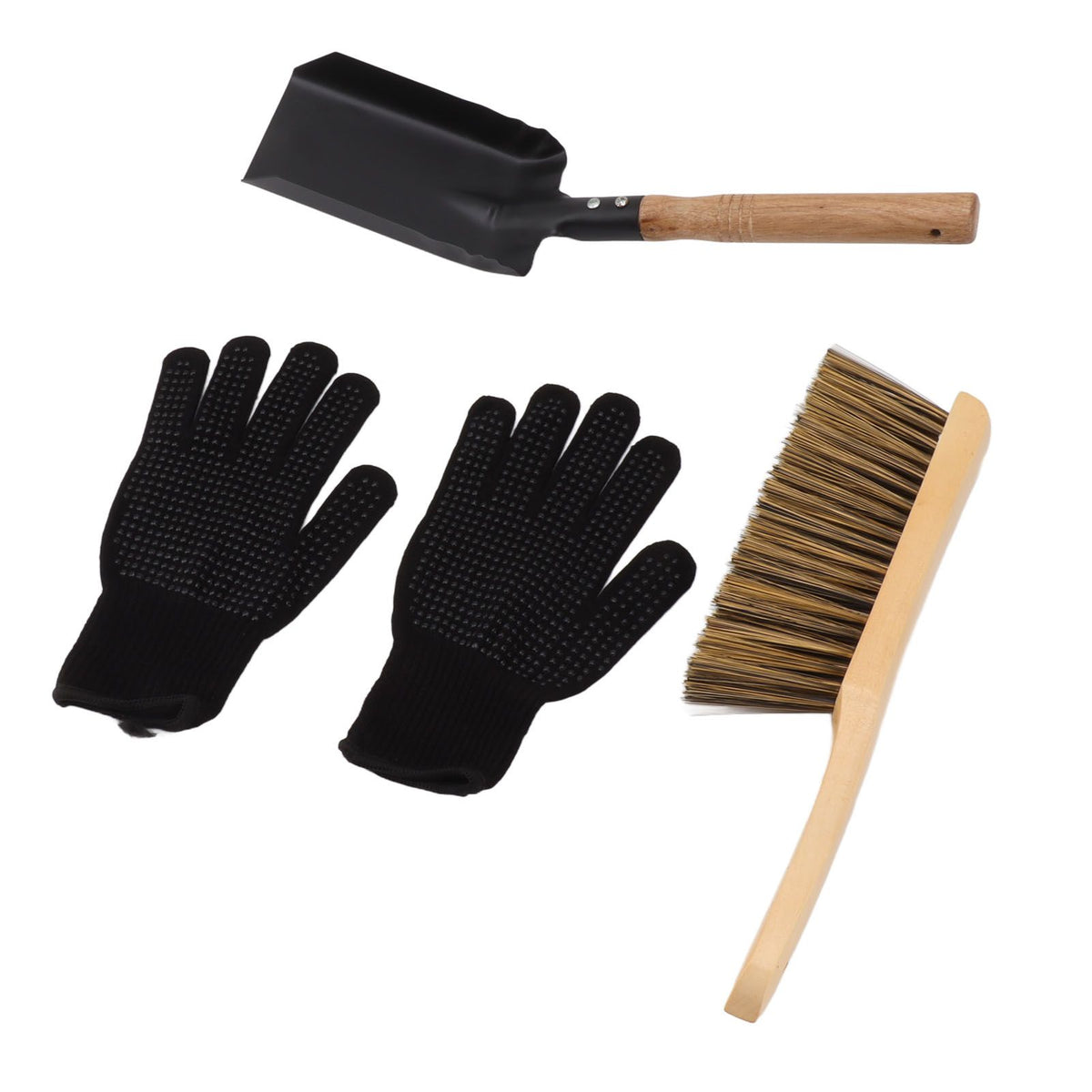 Fireplace Ash Shovel Brush Set Coal Hearth Clean Tools for Home with Black Silicone Gloves