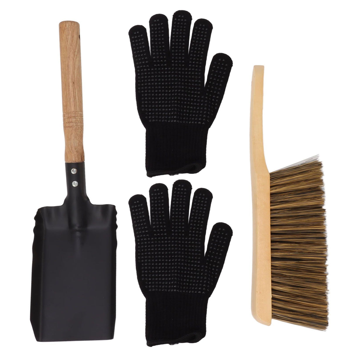 Fireplace Ash Shovel Brush Set Coal Hearth Clean Tools for Home with Black Silicone Gloves