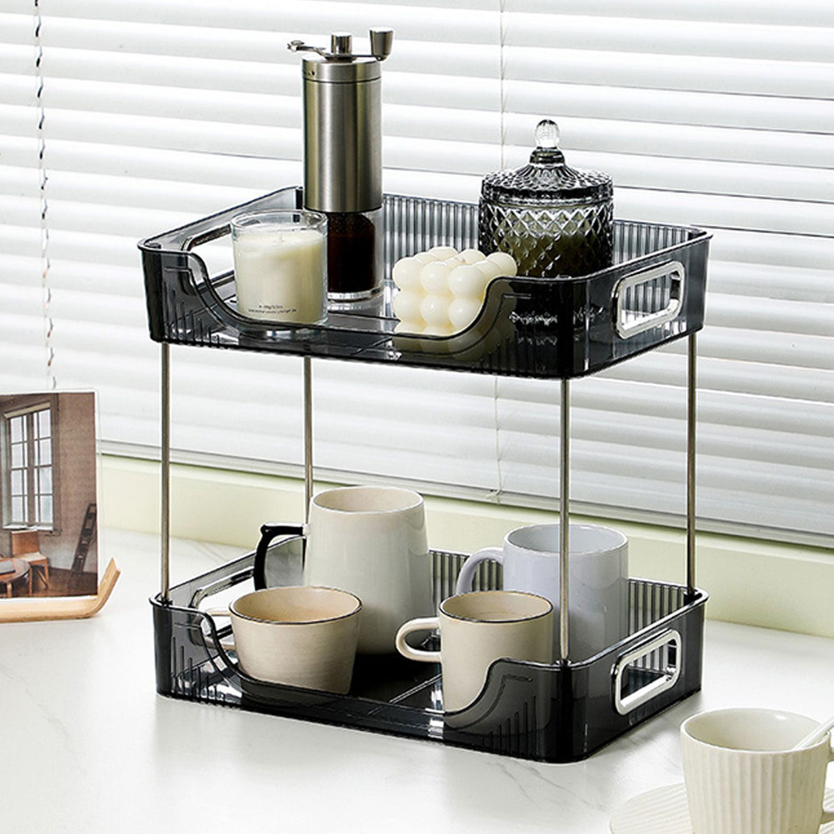 Desktop Organizer 2 Tier Ample Space Modern Storage Rack Shelves for Office Bedroom Home Decoration Grey