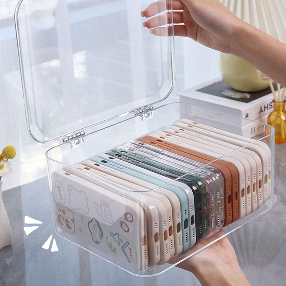 Desk Storage Box Plastic Large Capacity Dustproof Multi Functional Phone Case Storage Holder with Lid Transparent