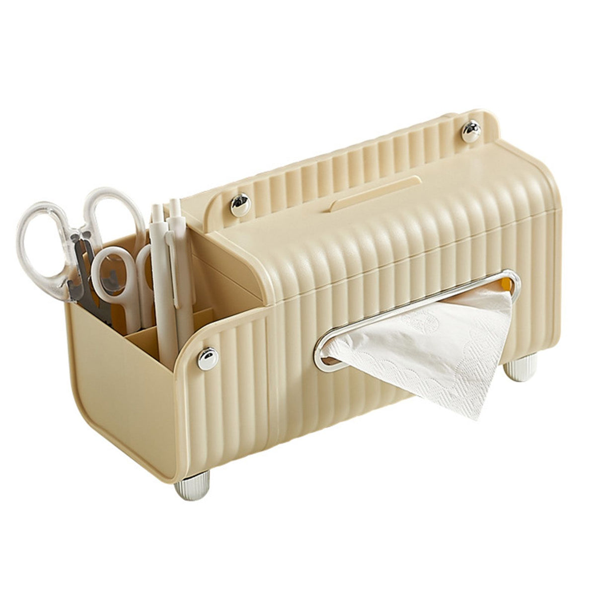 Tissue Box Cover HIPS ABS Multifunctional Desktop Rectangular Napkin Dispenser Holder with Stationery Box for Living Room Bedroom Cream
