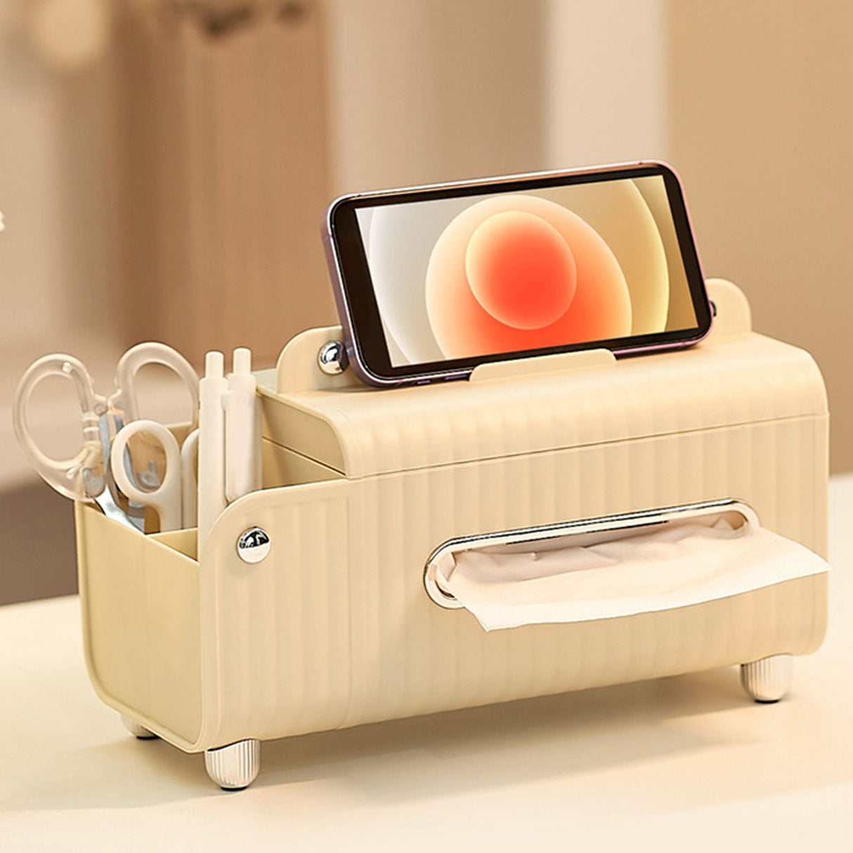 Tissue Box Cover HIPS ABS Multifunctional Desktop Rectangular Napkin Dispenser Holder with Stationery Box for Living Room Bedroom Cream