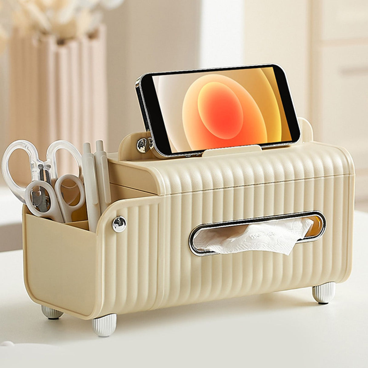 Tissue Box Cover HIPS ABS Multifunctional Desktop Rectangular Napkin Dispenser Holder with Stationery Box for Living Room Bedroom Cream