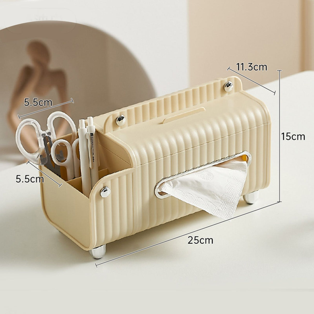 Tissue Box Cover HIPS ABS Multifunctional Desktop Rectangular Napkin Dispenser Holder with Stationery Box for Living Room Bedroom Cream