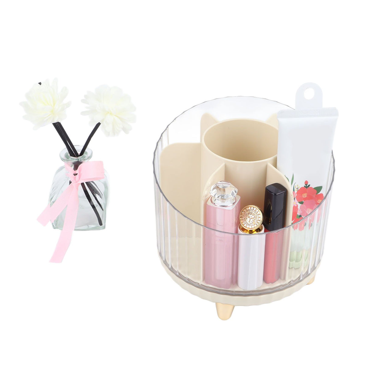 Rotating Makeup Brush Holder 360 Degree Rotating Makeup Brush Organizer Desktop Large Capacity Lipstick Cosmetics Storage Box Cream White