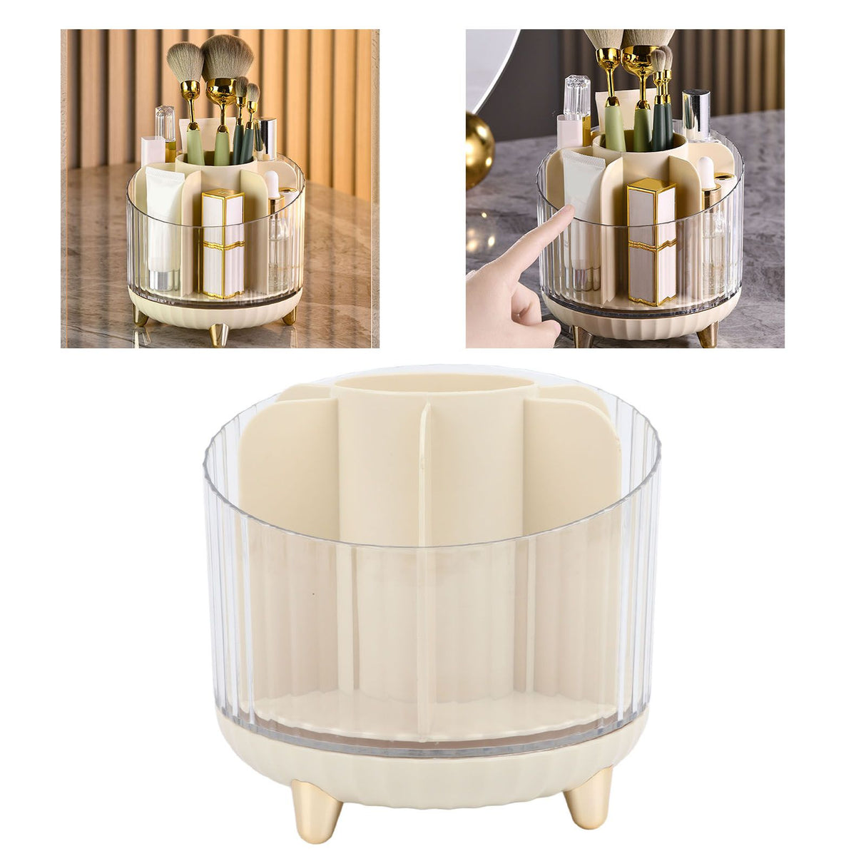 Rotating Makeup Brush Holder 360 Degree Rotating Makeup Brush Organizer Desktop Large Capacity Lipstick Cosmetics Storage Box Cream White