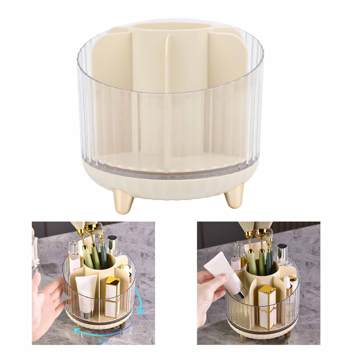 Rotating Makeup Brush Holder 360 Degree Rotating Makeup Brush Organizer Desktop Large Capacity Lipstick Cosmetics Storage Box Cream White