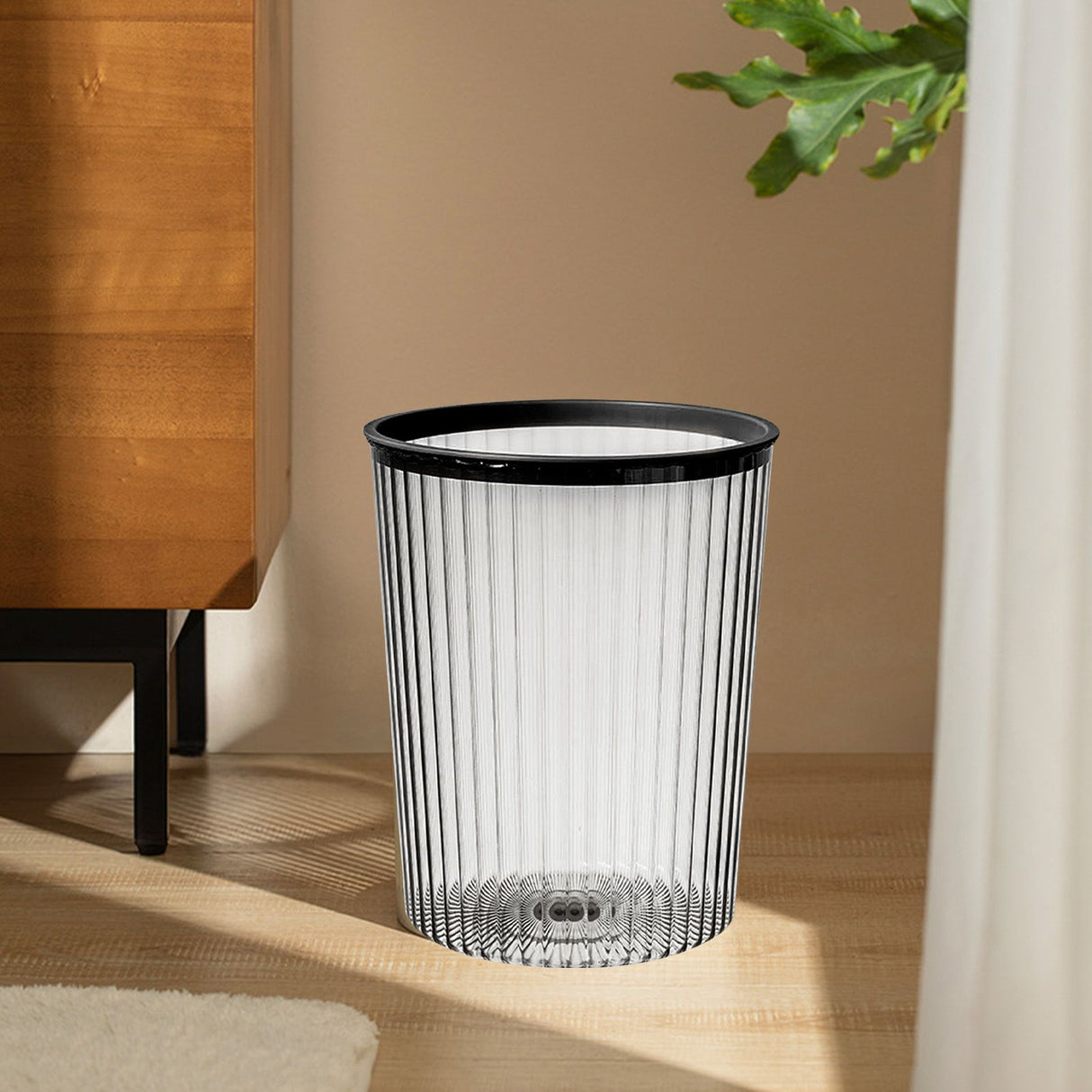 Transparent Garbage Bin with Top Ring Easy Attached Lid Free Large Capacity Trash Bin Can for Household Black