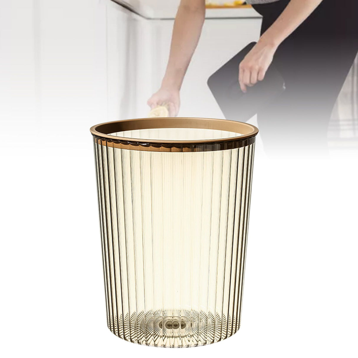 Transparent Garbage Bin with Top Ring Easy Attached Lid Free Large Capacity Trash Bin Can for Household Coffee Color