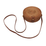 Handwoven Round Rattan Bag Tropical Beach Style Woven Shoulder Rattan Bag with Leather Strap 20cm Diameter Plain Colour Leather Buckle with Lining - Front View