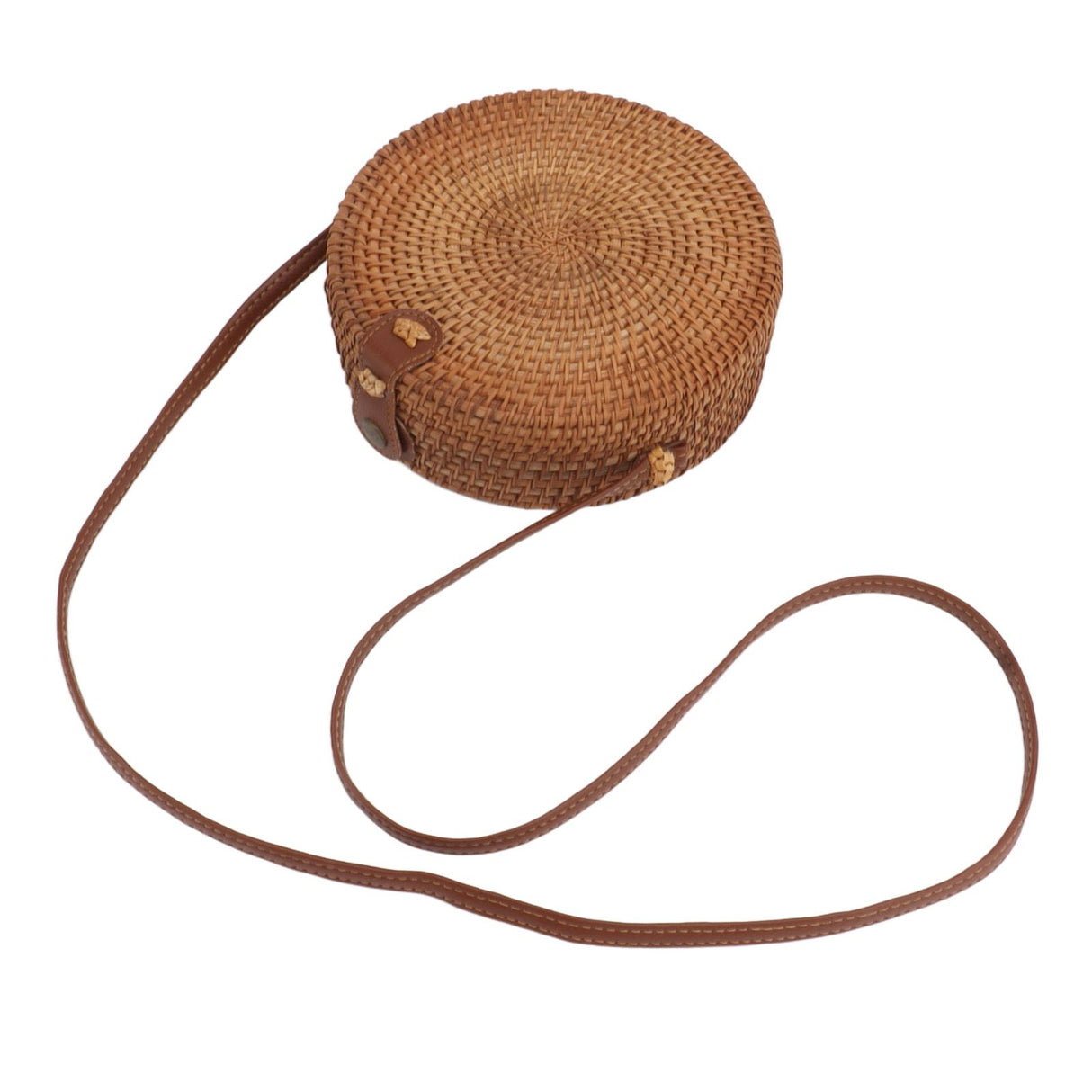 Handwoven Round Rattan Bag Tropical Beach Style Woven Shoulder Rattan Bag with Leather Strap 20cm Diameter Plain Colour Leather Buckle with Lining
