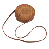 Handwoven Round Rattan Bag Tropical Beach Style Woven Shoulder Rattan Bag with Leather Strap 20cm Diameter Plain Colour Leather Buckle with Lining