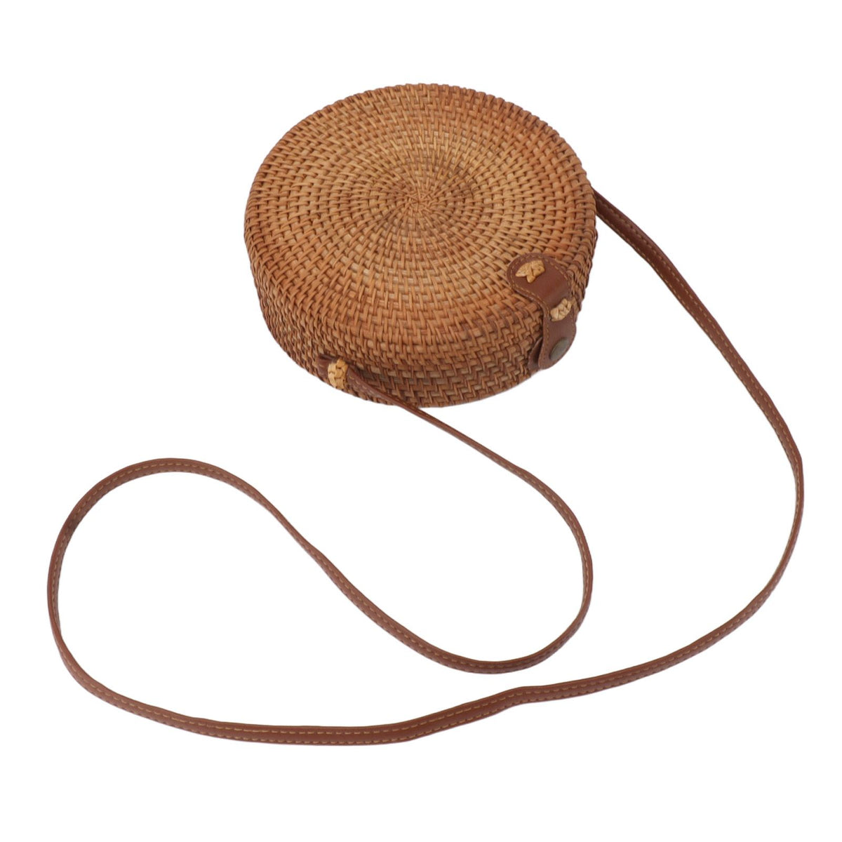 Handwoven Round Rattan Bag Tropical Beach Style Woven Shoulder Rattan Bag with Leather Strap 20cm Diameter Plain Colour Leather Buckle with Lining