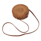 Handwoven Round Rattan Bag Tropical Beach Style Woven Shoulder Rattan Bag with Leather Strap 20cm Diameter Plain Colour Leather Buckle with Lining - Top-Down View