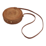 Handwoven Round Rattan Bag Tropical Beach Style Woven Shoulder Rattan Bag with Leather Strap 20cm Diameter Plain Colour Leather Buckle with Lining