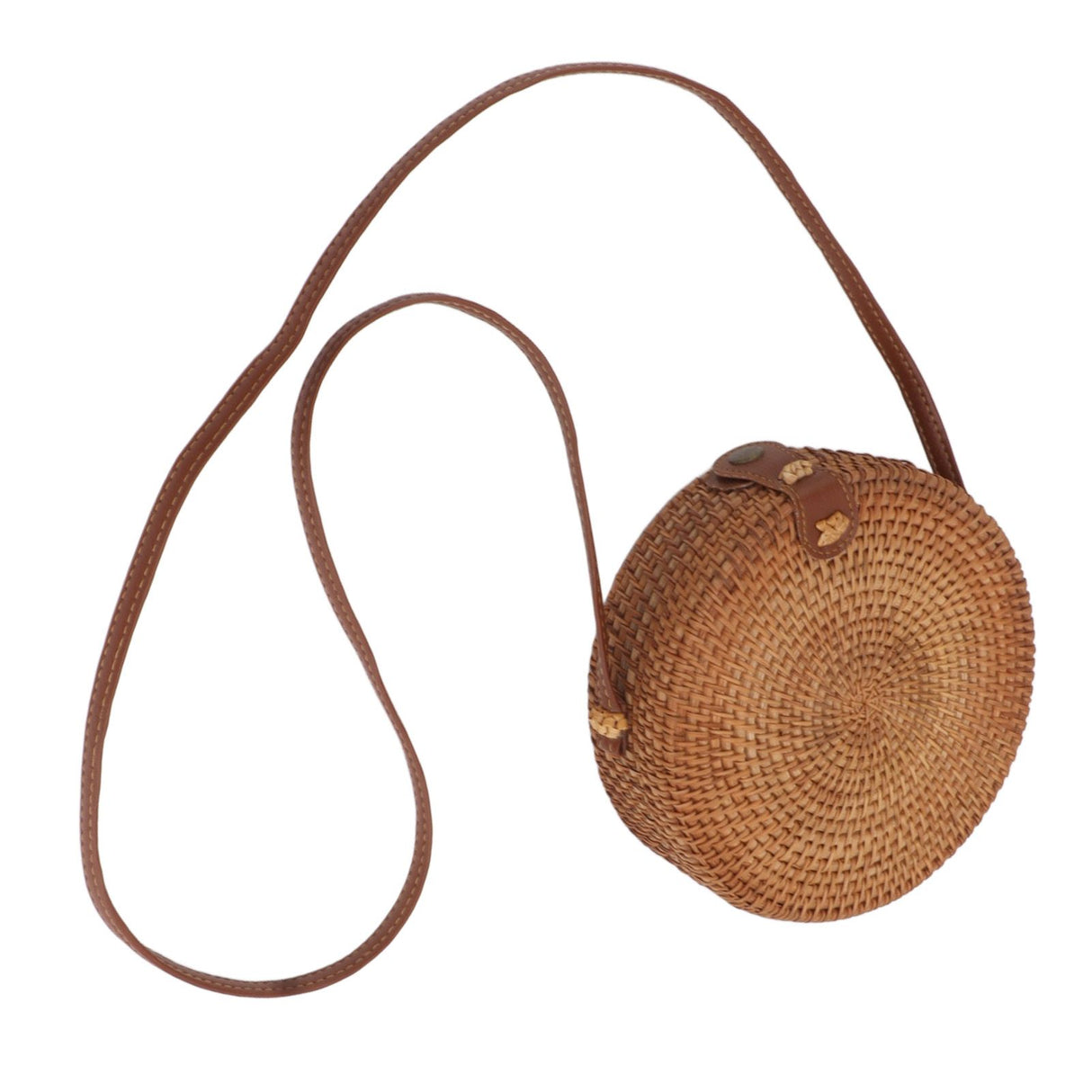 Handwoven Round Rattan Bag Tropical Beach Style Woven Shoulder Rattan Bag with Leather Strap 20cm Diameter Plain Colour Leather Buckle with Lining