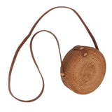 Handwoven Round Rattan Bag Tropical Beach Style Woven Shoulder Rattan Bag with Leather Strap 20cm Diameter Plain Colour Leather Buckle with Lining