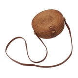 Handwoven Round Rattan Bag Tropical Beach Style Woven Shoulder Rattan Bag with Leather Strap 20cm Diameter Plain Colour Leather Buckle with Lining
