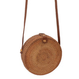 Handwoven Round Rattan Bag Tropical Beach Style Woven Shoulder Rattan Bag with Leather Strap 20cm Diameter Plain Colour Leather Buckle with Lining - Low Angle