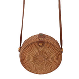 Handwoven Round Rattan Bag Tropical Beach Style Woven Shoulder Rattan Bag with Leather Strap 20cm Diameter Plain Colour Leather Buckle with Lining - Extra Image