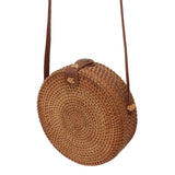 Handwoven Round Rattan Bag Tropical Beach Style Woven Shoulder Rattan Bag with Leather Strap 20cm Diameter Plain Colour Leather Buckle with Lining - Extra Image