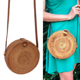 Handwoven Round Rattan Bag Tropical Beach Style Woven Shoulder Rattan Bag with Leather Strap 20cm Diameter Plain Colour Leather Buckle with Lining