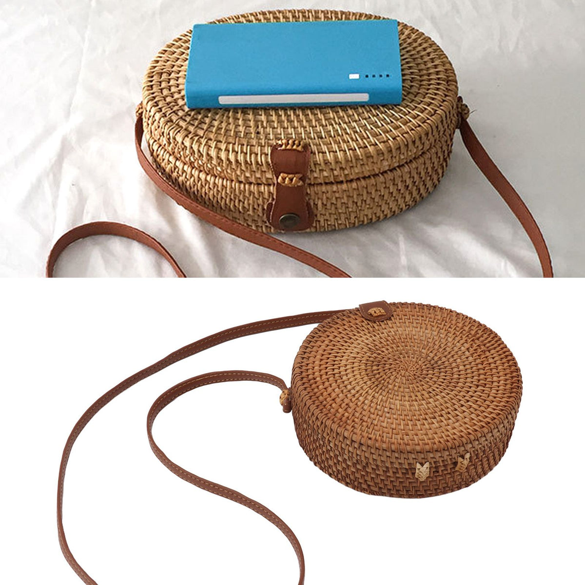 Handwoven Round Rattan Bag Tropical Beach Style Woven Shoulder Rattan Bag with Leather Strap 20cm Diameter Plain Colour Leather Buckle with Lining