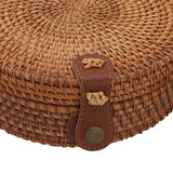 Handwoven Round Rattan Bag Tropical Beach Style Woven Shoulder Rattan Bag with Leather Strap 20cm Diameter Plain Colour Leather Buckle with Lining