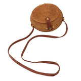 Handwoven Round Rattan Bag Tropical Beach Style Woven Shoulder Rattan Bag with Leather Strap 20cm Diameter Natural Color Oval with Lining